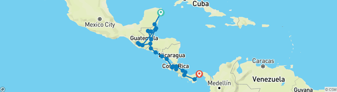 Image of a map showing the route of the tour
