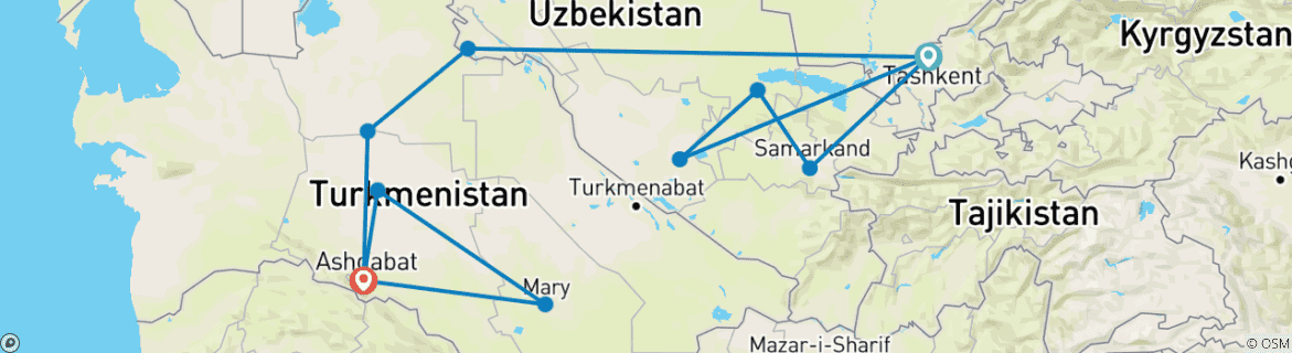 Image of a map showing the route of the tour