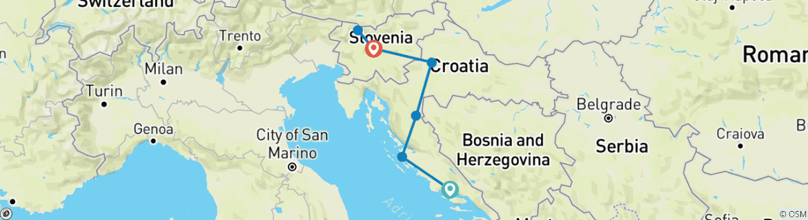 Image of a map showing the route of the tour