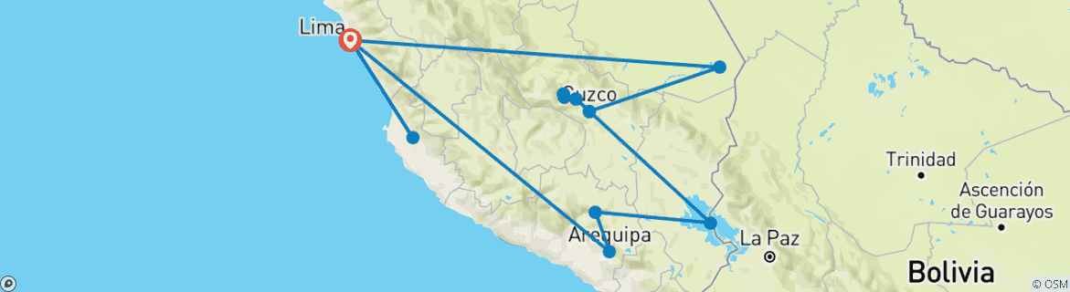 Image of a map showing the route of the tour