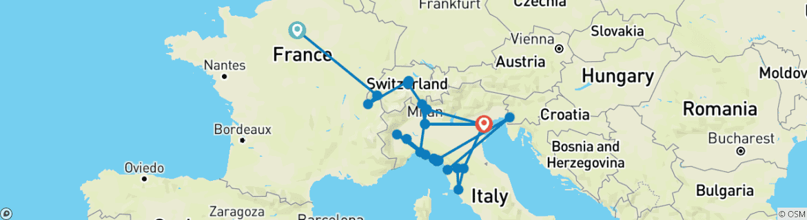 Image of a map showing the route of the tour