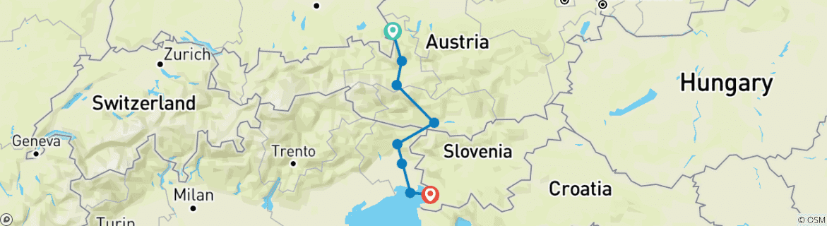 Image of a map showing the route of the tour