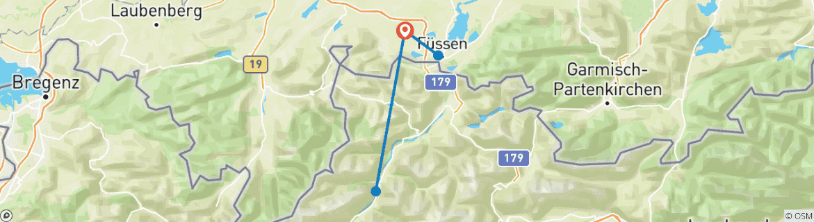 Image of a map showing the route of the tour