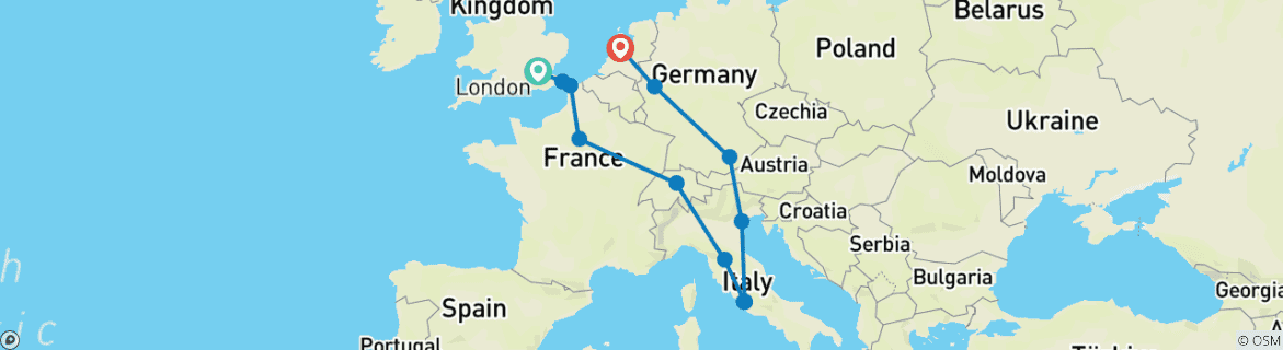 Image of a map showing the route of the tour