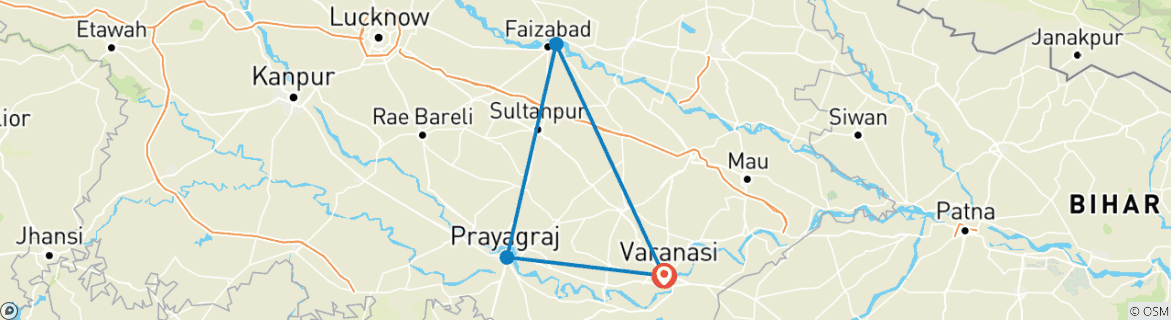 Image of a map showing the route of the tour