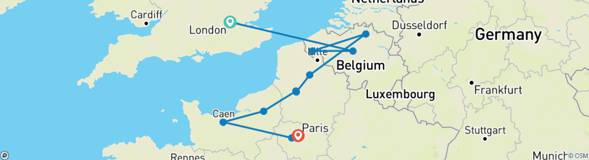 Image of a map showing the route of the tour