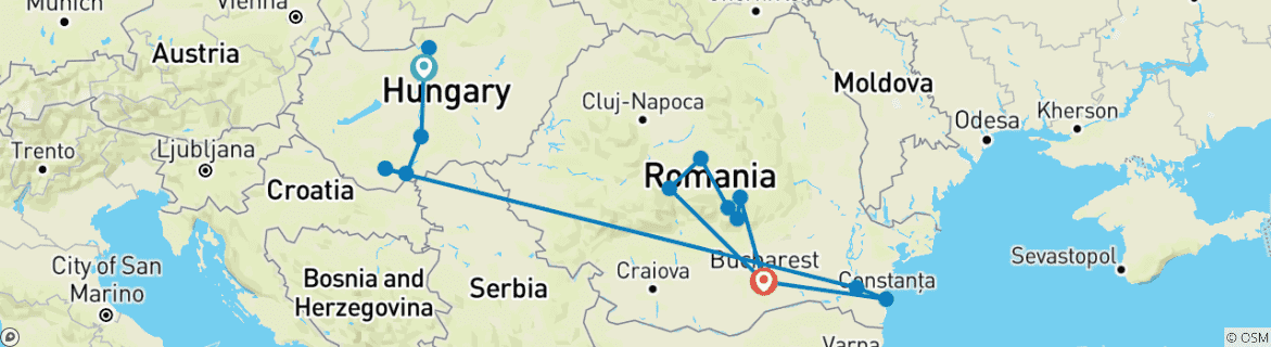 Image of a map showing the route of the tour