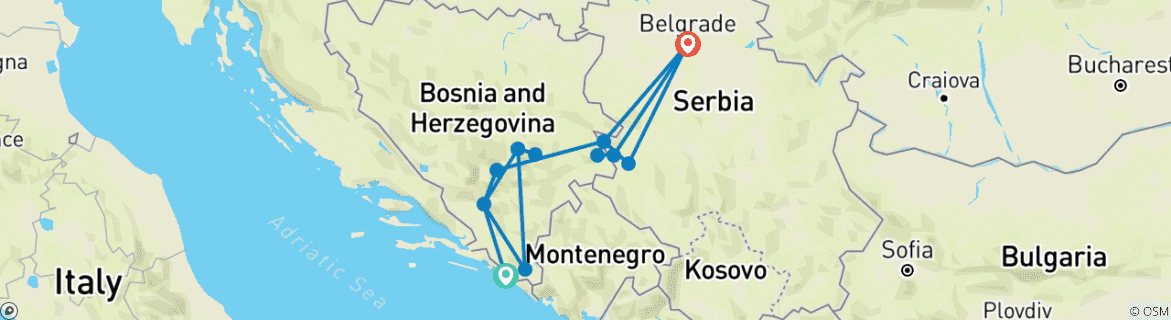 Image of a map showing the route of the tour