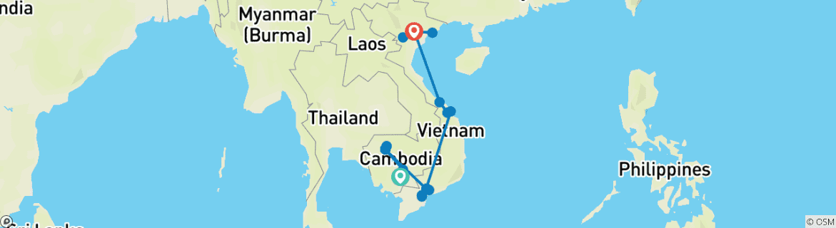 Image of a map showing the route of the tour