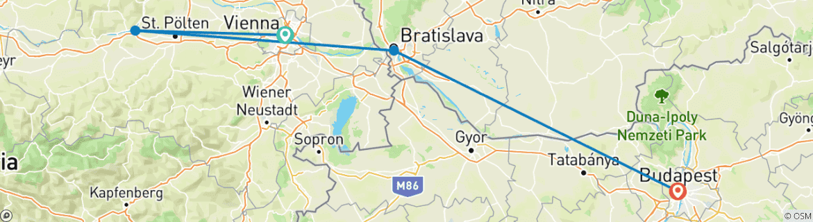 Image of a map showing the route of the tour