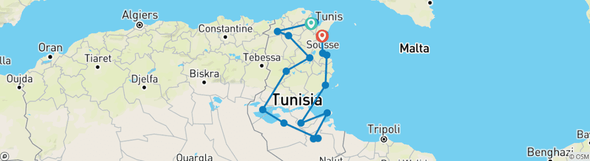 Image of a map showing the route of the tour