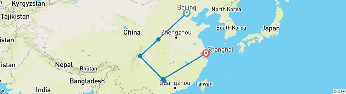 Image of a map showing the route of the tour