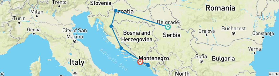 Carte du circuit Serbie et Croatie en une semaine : De Belgrade à Dubrovnik - PETIT GROUPE