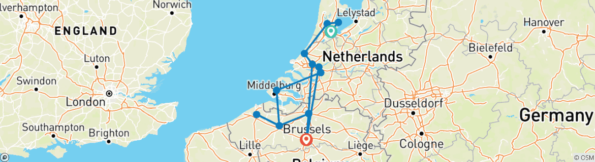 Image of a map showing the route of the tour