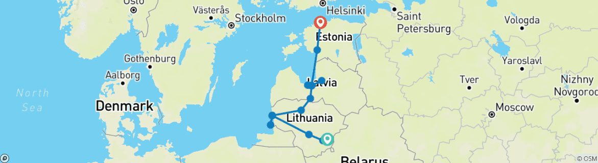 Image of a map showing the route of the tour