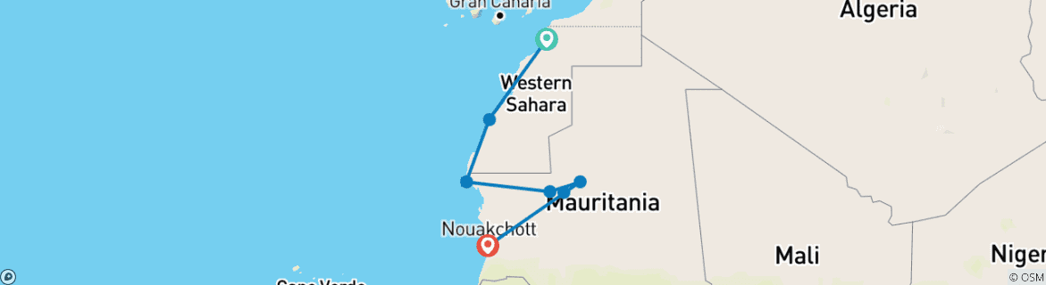Image of a map showing the route of the tour
