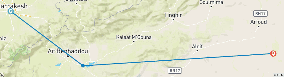 Image of a map showing the route of the tour