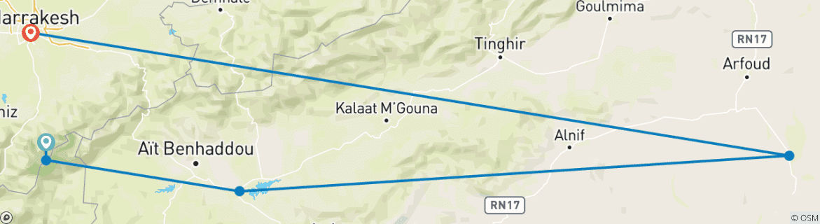 Image of a map showing the route of the tour