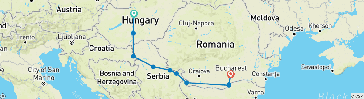 Image of a map showing the route of the tour