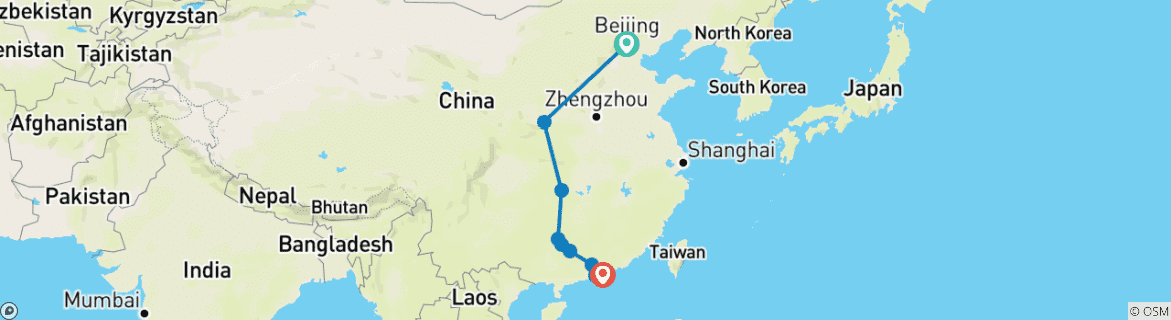 Image of a map showing the route of the tour