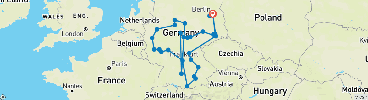 Image of a map showing the route of the tour