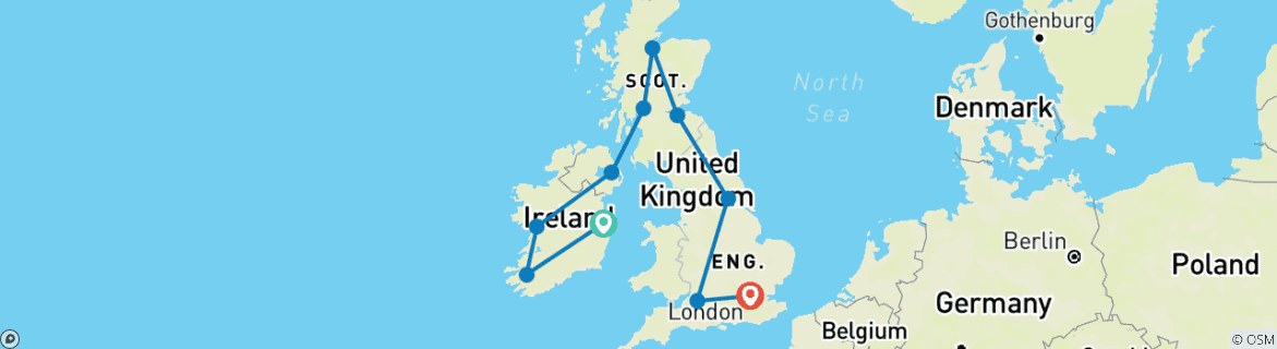 Image of a map showing the route of the tour
