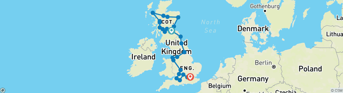 Image of a map showing the route of the tour