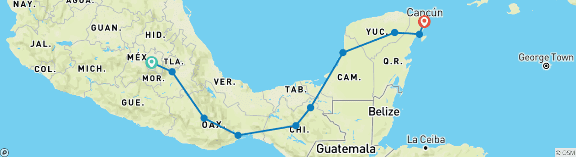 Image of a map showing the route of the tour
