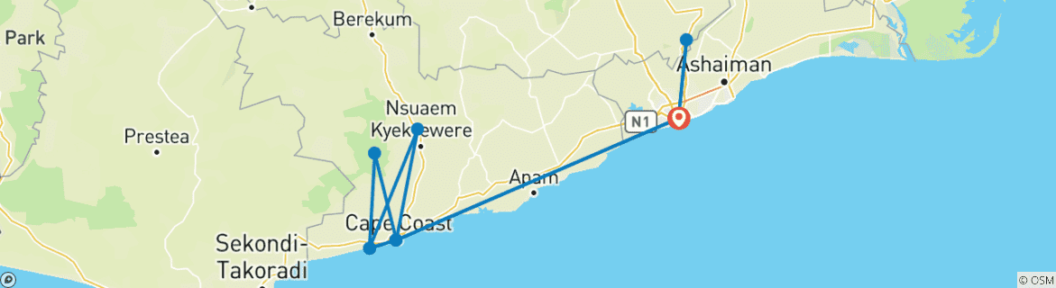 Image of a map showing the route of the tour