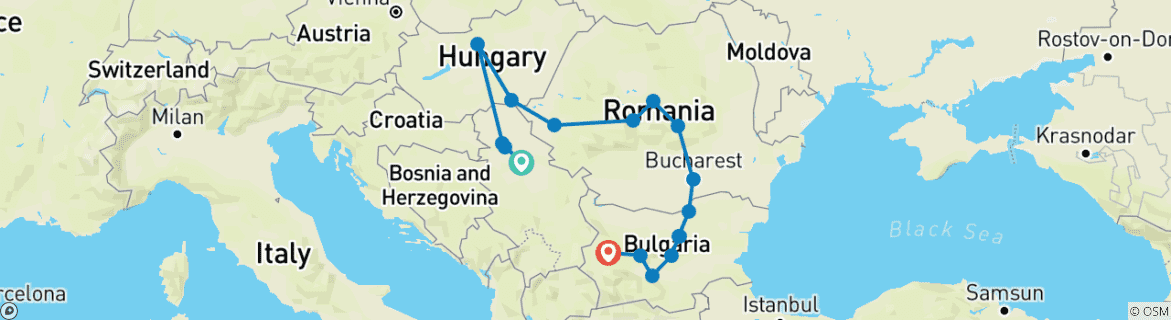 Image of a map showing the route of the tour