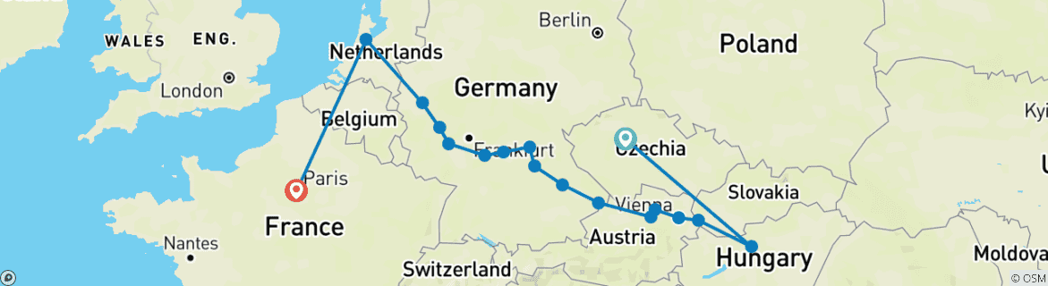 Image of a map showing the route of the tour