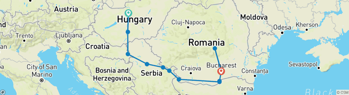 Image of a map showing the route of the tour
