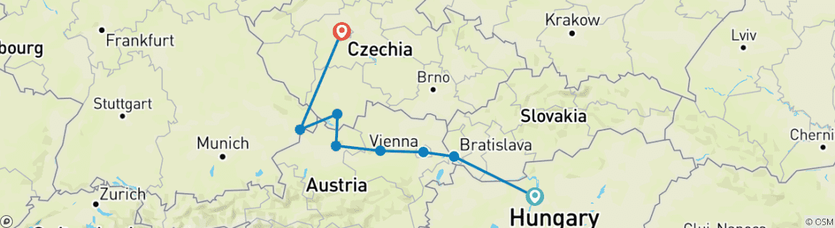 Image of a map showing the route of the tour