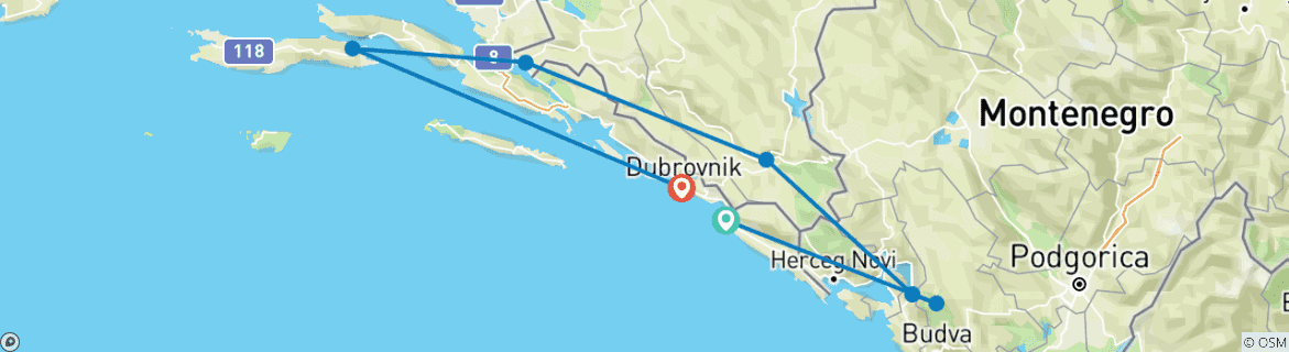 Image of a map showing the route of the tour