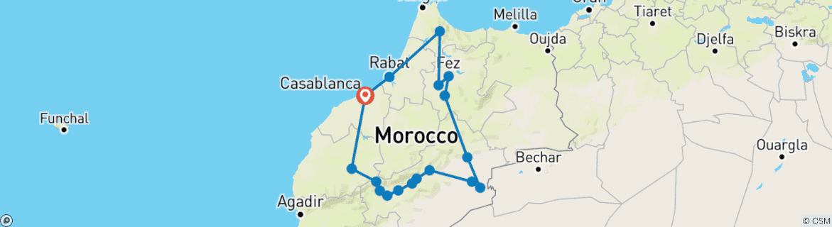 Image of a map showing the route of the tour