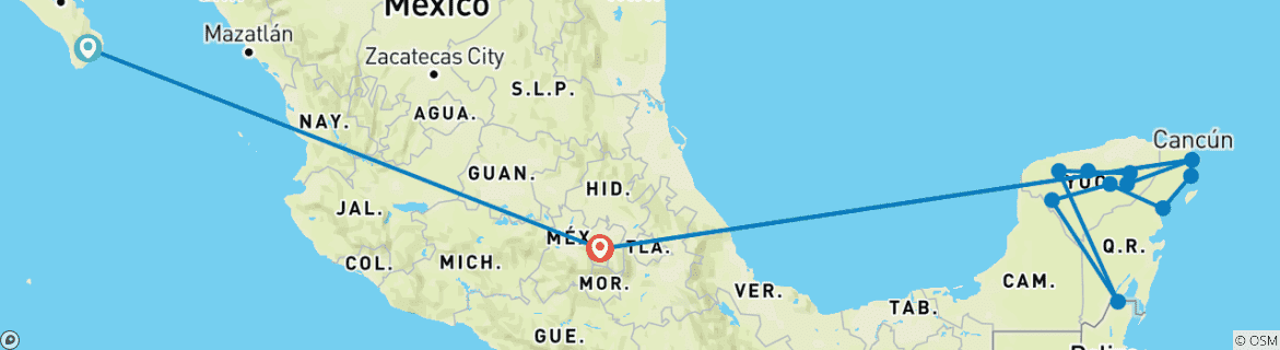 Image of a map showing the route of the tour