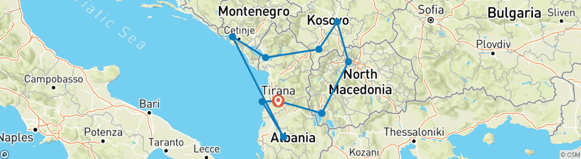 Carte du circuit Circuit privé de 6 jours dans les Balkans : Albanie, Macédoine du Nord, Kosovo et Monténégro