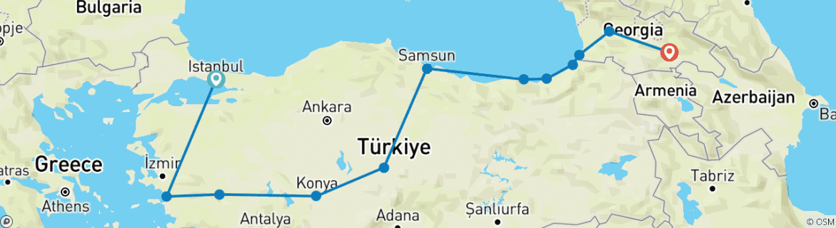 Image of a map showing the route of the tour