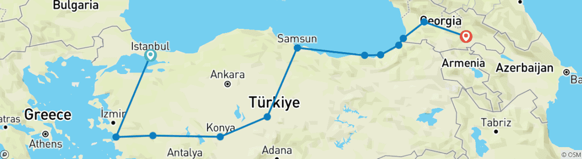 Image of a map showing the route of the tour