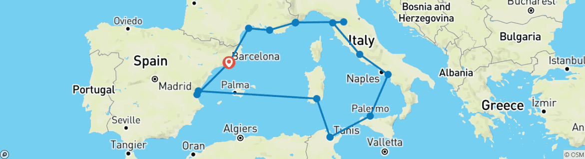 Image d'une carte montrant l'itinéraire du circuit