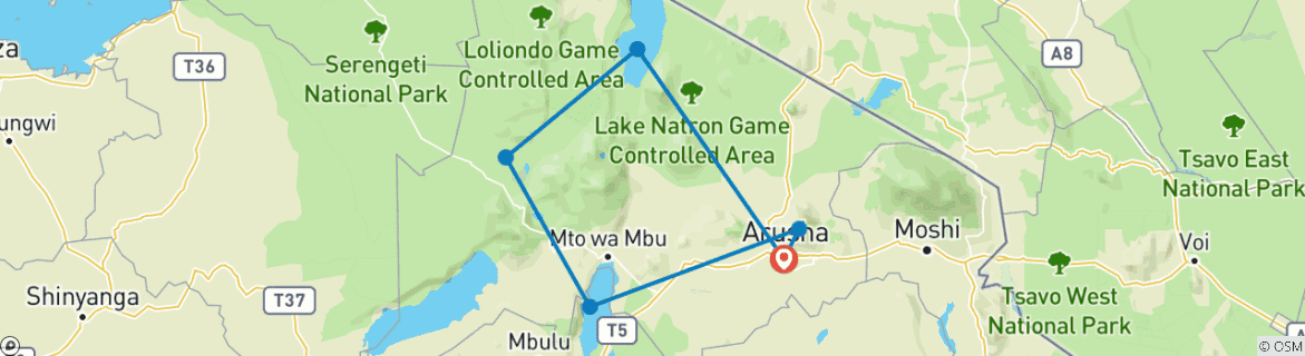 Image of a map showing the route of the tour