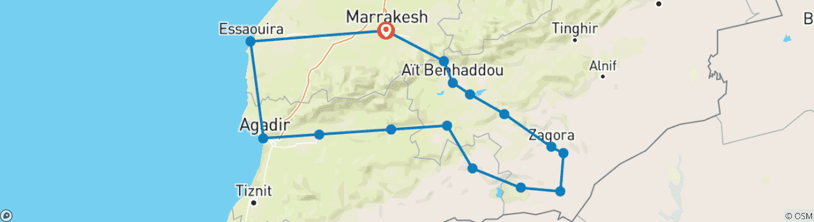 Image of a map showing the route of the tour