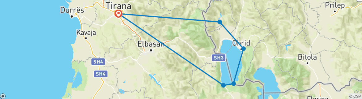 Image of a map showing the route of the tour