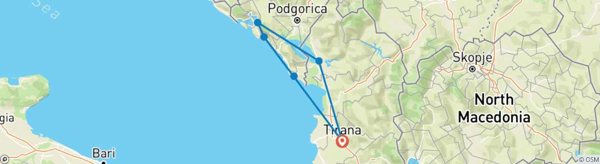 Image of a map showing the route of the tour