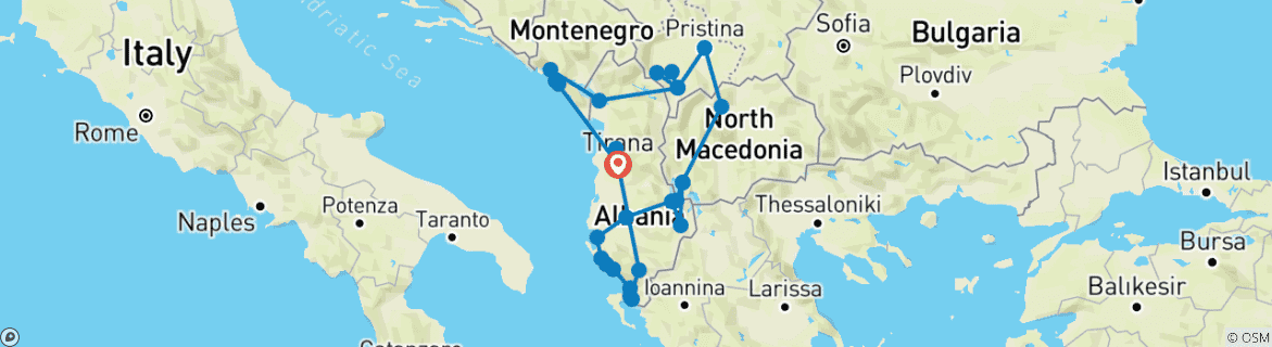 Image of a map showing the route of the tour