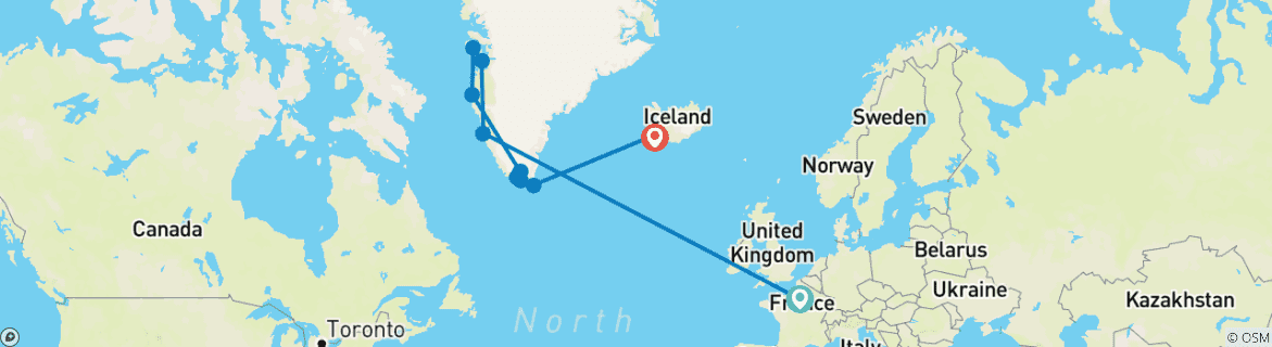 Image of a map showing the route of the tour
