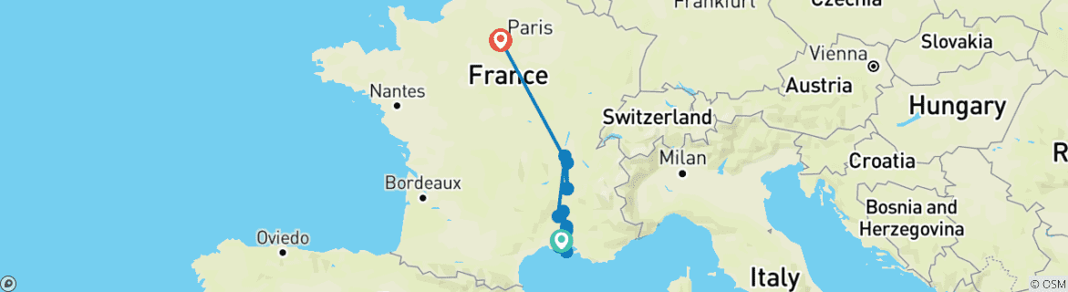 Image of a map showing the route of the tour