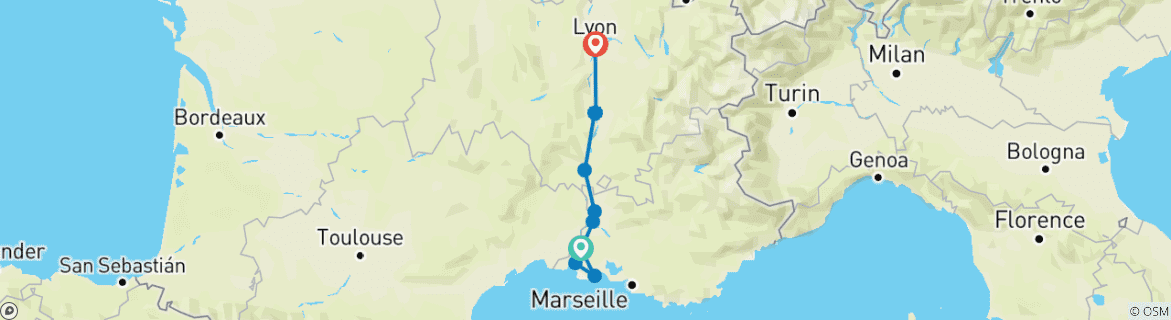 Image of a map showing the route of the tour