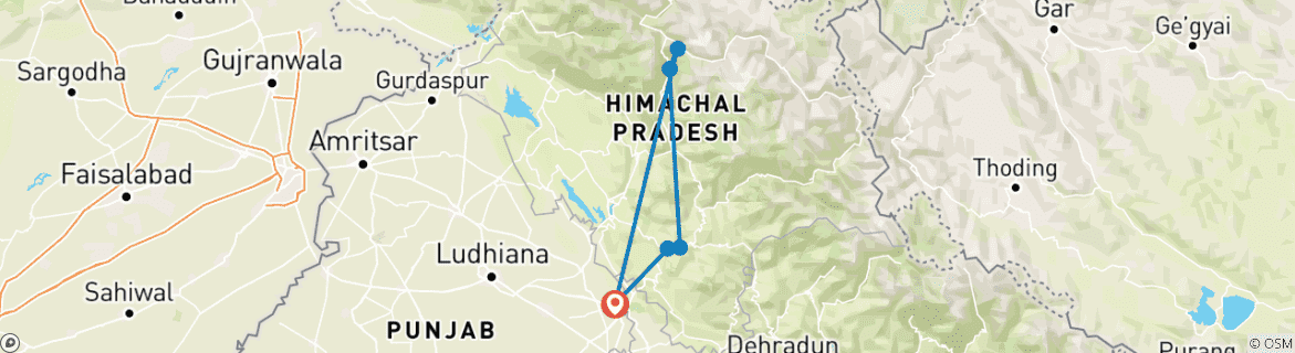 Image of a map showing the route of the tour