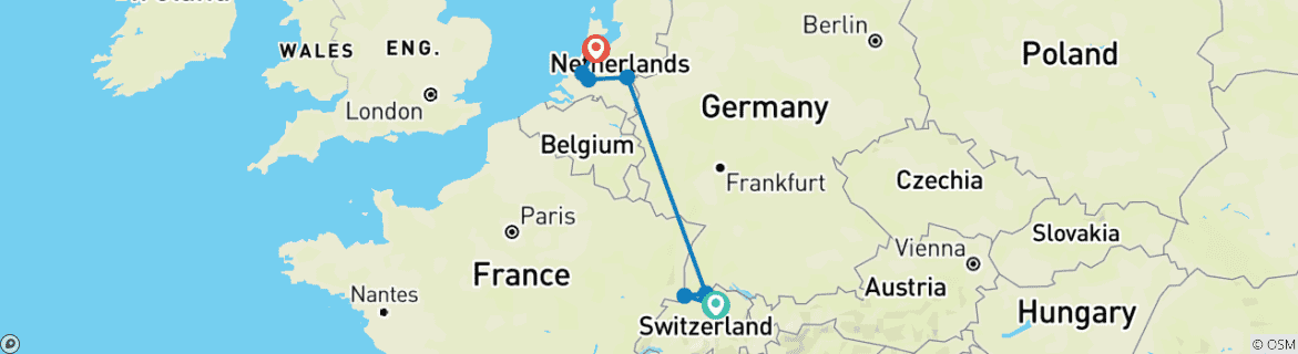 Image of a map showing the route of the tour